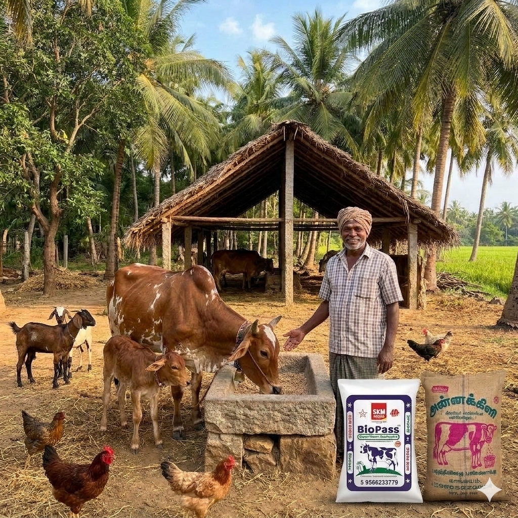 Farmer with a cow, calf, goats and chickens at a Tamil Nadu cattle shed, standing beside SKM BioPass and Annakili feed bags
